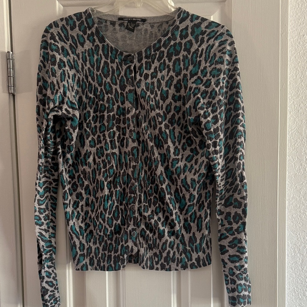 Lucky Brand Teal and Gray Animal Cheetah Print Cardigan Lightweight M L